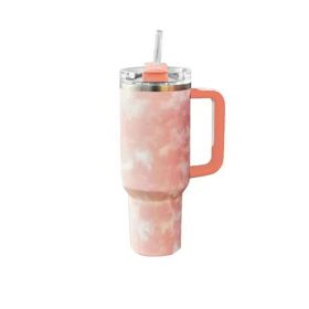 40oz Handle Stainless Steel Vacuum With Straw Car Vacuum Cup (Option: Tie Dyed Peach-40oz)